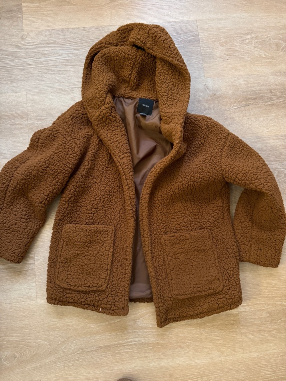 Forever 21 Brown Faux Fur Fuzzy Sherpa Throw-over Hooded Coat Women’s Size Small